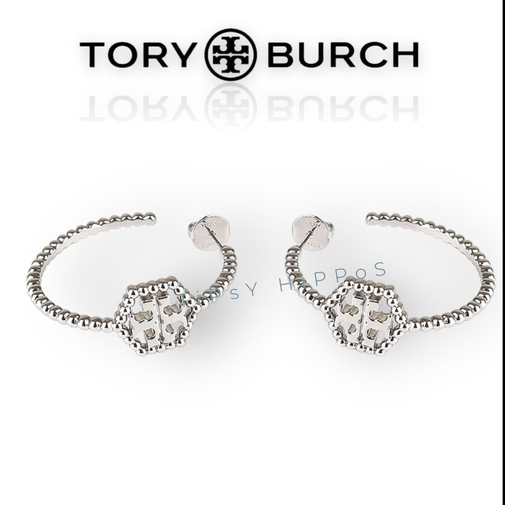 Tory Burch Silver Hexagon Logo Hoop Earrings - Picture 3 of 6